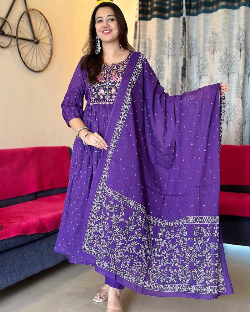 Purple embroidered long kurta bottom set with dupatta