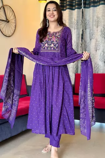 Purple embroidered long kurta bottom set with dupatta