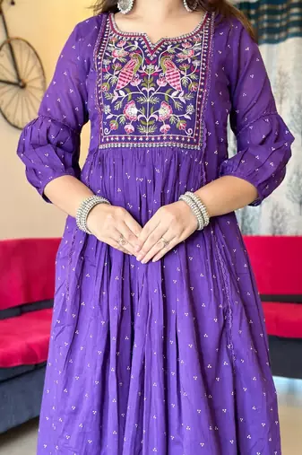 Purple embroidered long kurta bottom set with dupatta