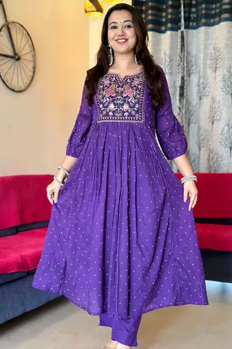 Purple embroidered long kurta bottom set with dupatta