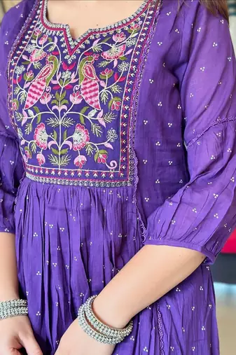 Purple embroidered long kurta bottom set with dupatta