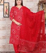 Women's cotton febric hand block red bandhej printed straight kurti pant with dupatta set