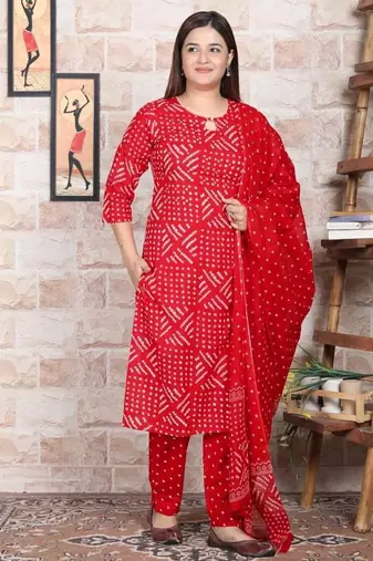 Women's cotton febric hand block red bandhej printed straight kurti pant with dupatta set
