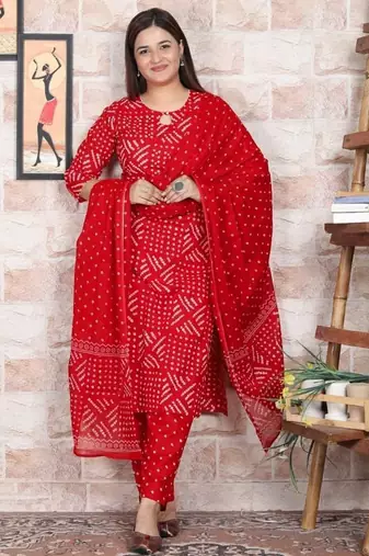 Women's cotton febric hand block red bandhej printed straight kurti pant with dupatta set