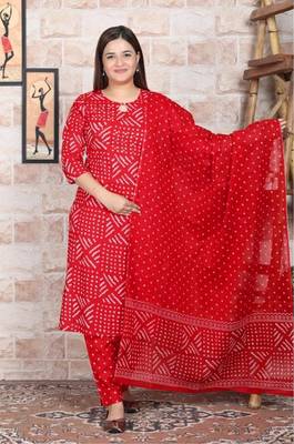 Women's cotton febric hand block red bandhej printed straight kurti pant with dupatta set 4