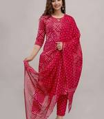 Women's cotton febric hand block rani pink bandhej printed straight kurti pant with dupatta set
