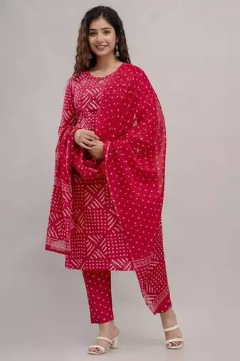 Women's cotton febric hand block rani pink bandhej printed straight kurti pant with dupatta set