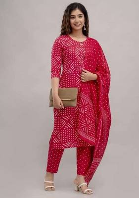 Women's cotton febric hand block rani pink bandhej printed straight kurti pant with dupatta set 4