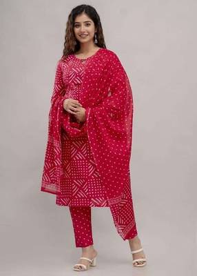 Women's cotton febric hand block rani pink bandhej printed straight kurti pant with dupatta set 5