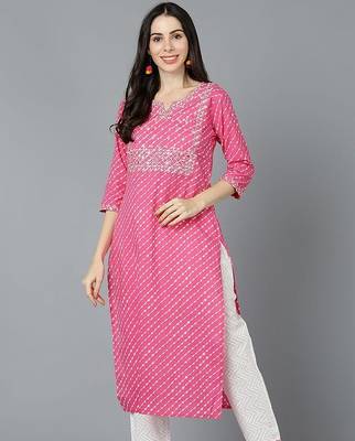Women pink cotton leheriya embroidered straight kurta 1