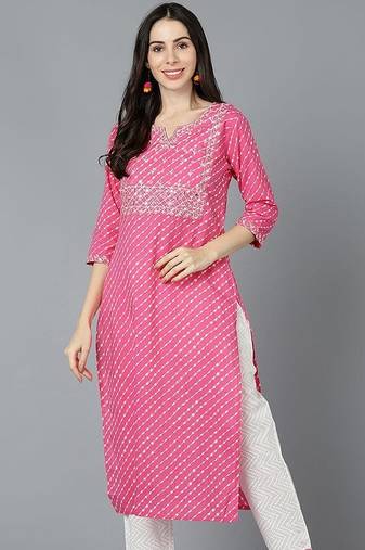 Women pink cotton leheriya embroidered straight kurta