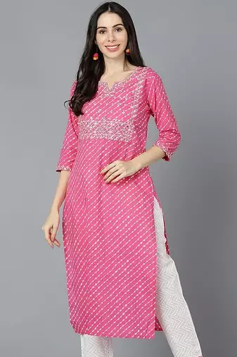 Women pink cotton leheriya embroidered straight kurta