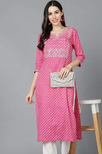 Women pink cotton leheriya embroidered straight kurta