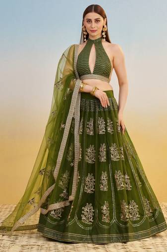 Mehendi green net lehenga with sequin & thread embroidered Lehenga Choli