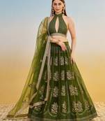 Mehendi green net lehenga with sequin & thread embroidered Lehenga Choli