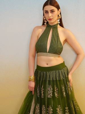 Mehendi green net lehenga with sequin & thread embroidered Lehenga Choli 2