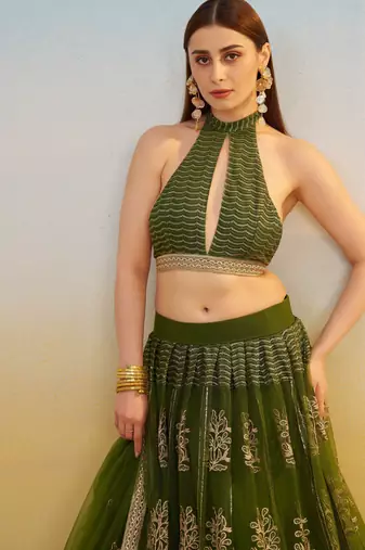 Mehendi green net lehenga with sequin & thread embroidered Lehenga Choli