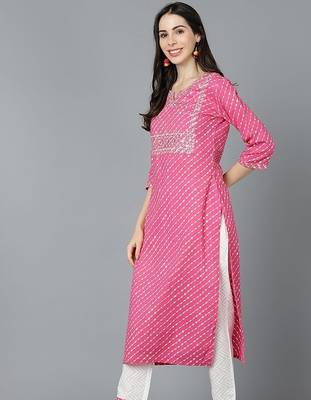 Women pink cotton leheriya embroidered straight kurta 4