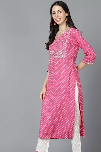 Women pink cotton leheriya embroidered straight kurta