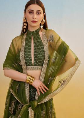 Mehendi green net lehenga with sequin & thread embroidered Lehenga Choli 3