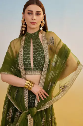 Mehendi green net lehenga with sequin & thread embroidered Lehenga Choli