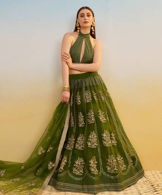 Mehendi green net lehenga with sequin & thread embroidered Lehenga Choli 4