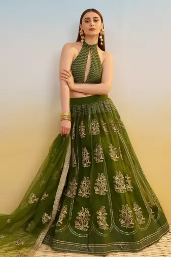 Mehendi green net lehenga with sequin & thread embroidered Lehenga Choli