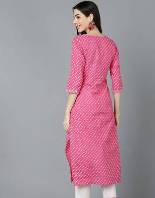 Women pink cotton leheriya embroidered straight kurta 5