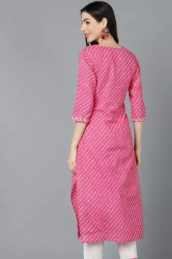 Women pink cotton leheriya embroidered straight kurta