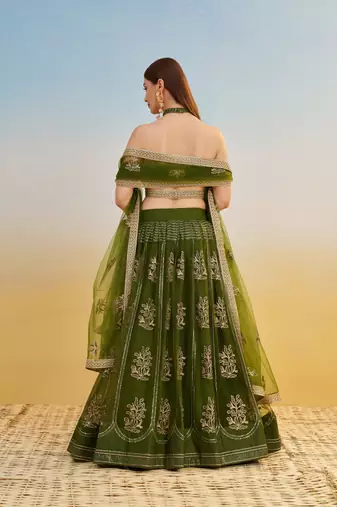 Mehendi green net lehenga with sequin & thread embroidered Lehenga Choli
