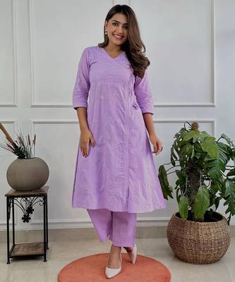 lavender cotton chikankari angrakha style kurta and pant set 1