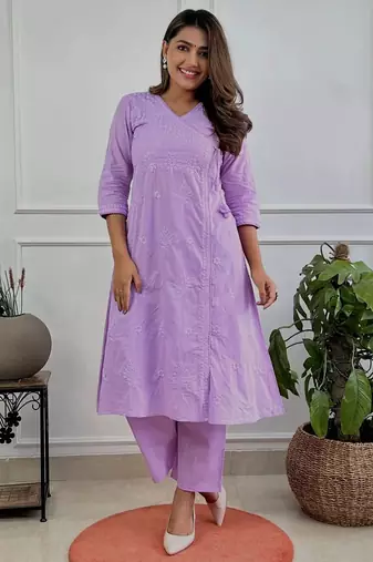 lavender cotton chikankari angrakha style kurta and pant set