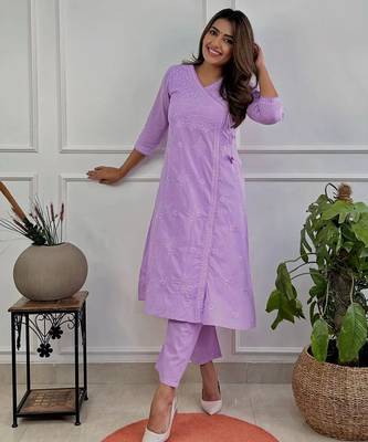 lavender cotton chikankari angrakha style kurta and pant set 2