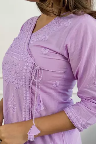 lavender cotton chikankari angrakha style kurta and pant set