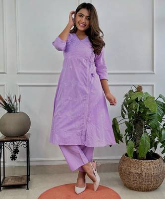 lavender cotton chikankari angrakha style kurta and pant set 4
