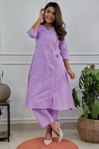 lavender cotton chikankari angrakha style kurta and pant set