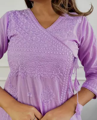 lavender cotton chikankari angrakha style kurta and pant set 5