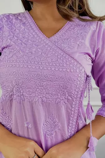 lavender cotton chikankari angrakha style kurta and pant set