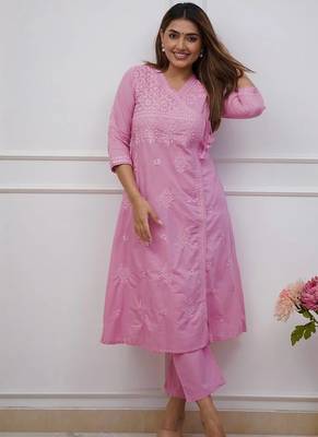 purple cotton chikankari angrakha style kurta and pant set 1