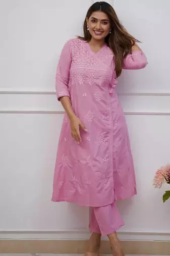 purple cotton chikankari angrakha style kurta and pant set