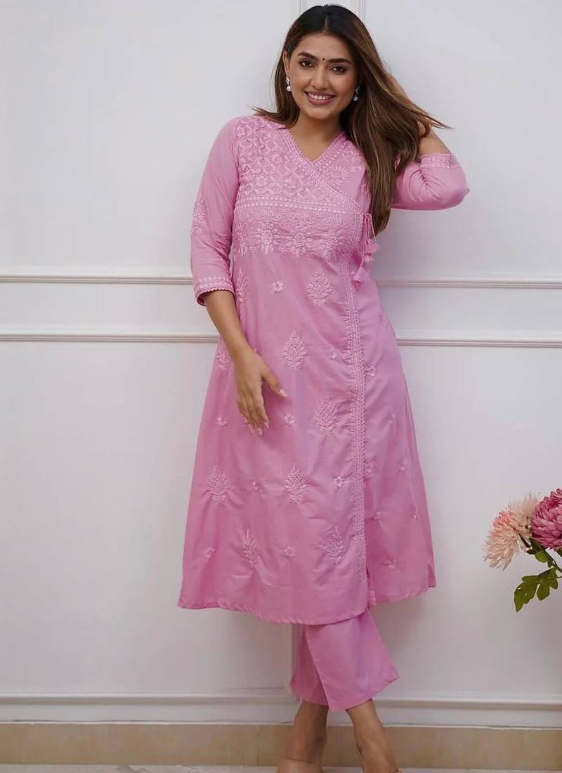purple cotton chikankari angrakha style kurta and pant set
