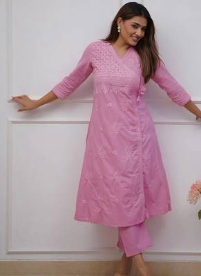 purple cotton chikankari angrakha style kurta and pant set 2