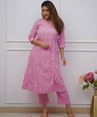purple cotton chikankari angrakha style kurta and pant set 3