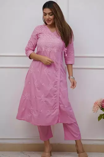 purple cotton chikankari angrakha style kurta and pant set