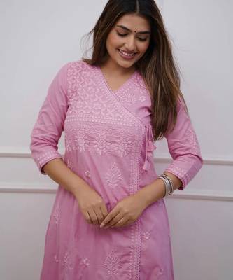 purple cotton chikankari angrakha style kurta and pant set 4