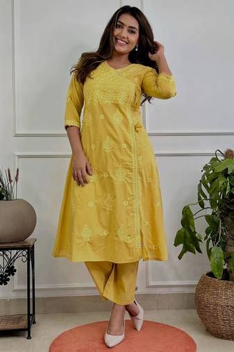 purple cotton chikankari angrakha style kurta and pant set
