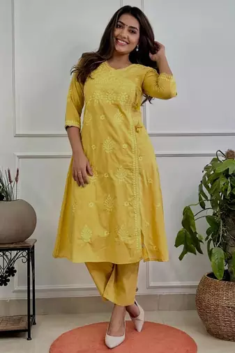 purple cotton chikankari angrakha style kurta and pant set