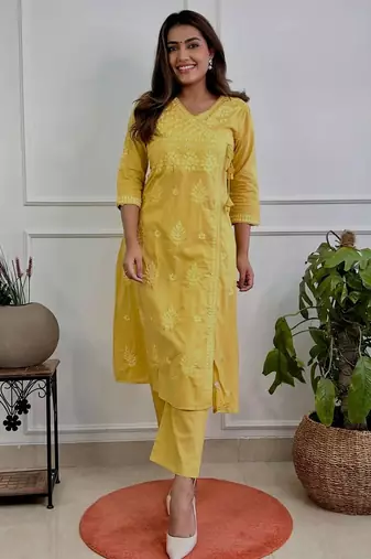 purple cotton chikankari angrakha style kurta and pant set