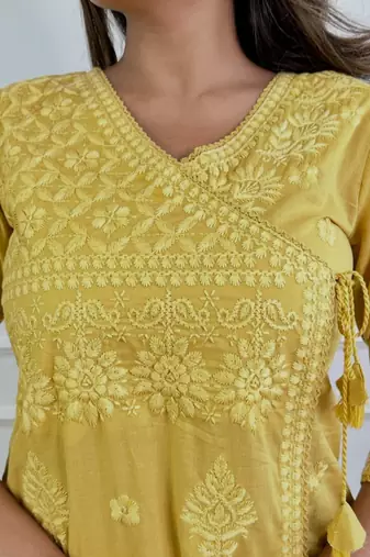 purple cotton chikankari angrakha style kurta and pant set