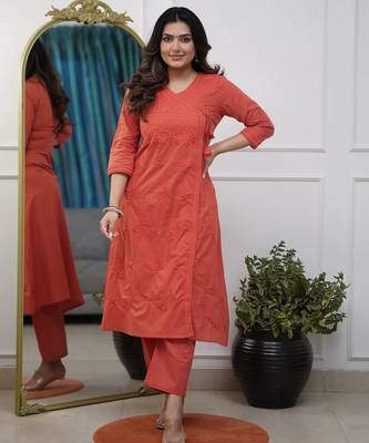 purple cotton chikankari angrakha style kurta and pant set 1